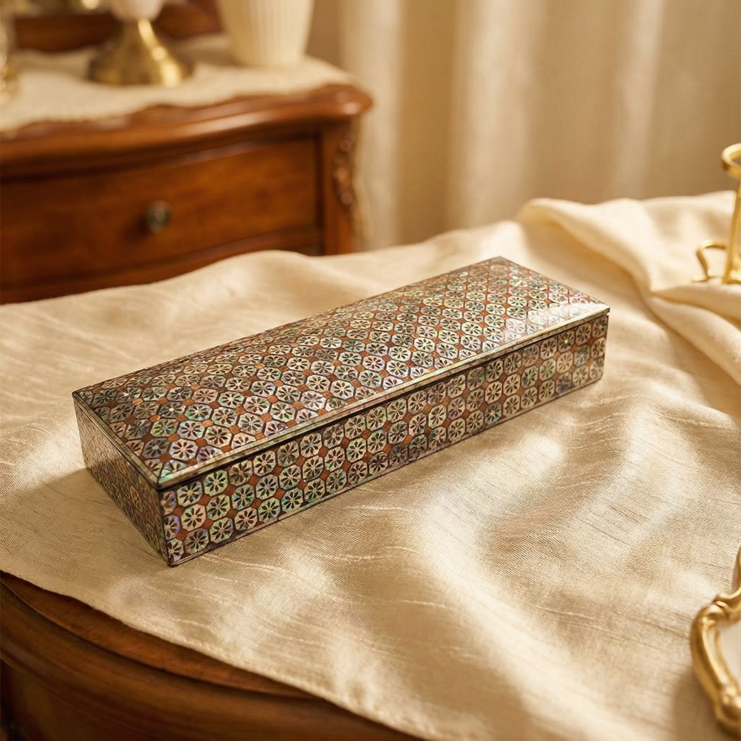JAGAE Korean Mother-of-Pearl Long Box – Floral Tile Pen & Jewelry Case
