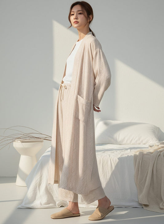 Serenity Check Gauze Robe & Pants Loungewear Set – Cinnamon Check