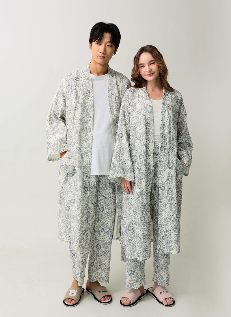 Serenity Bandana Gauze Robe & Pants Loungewear Set – Navy Bandana