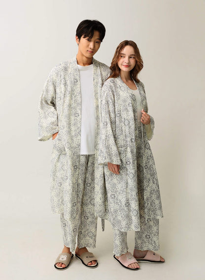 Serenity Bandana Gauze Robe & Pants Loungewear Set – Navy Bandana