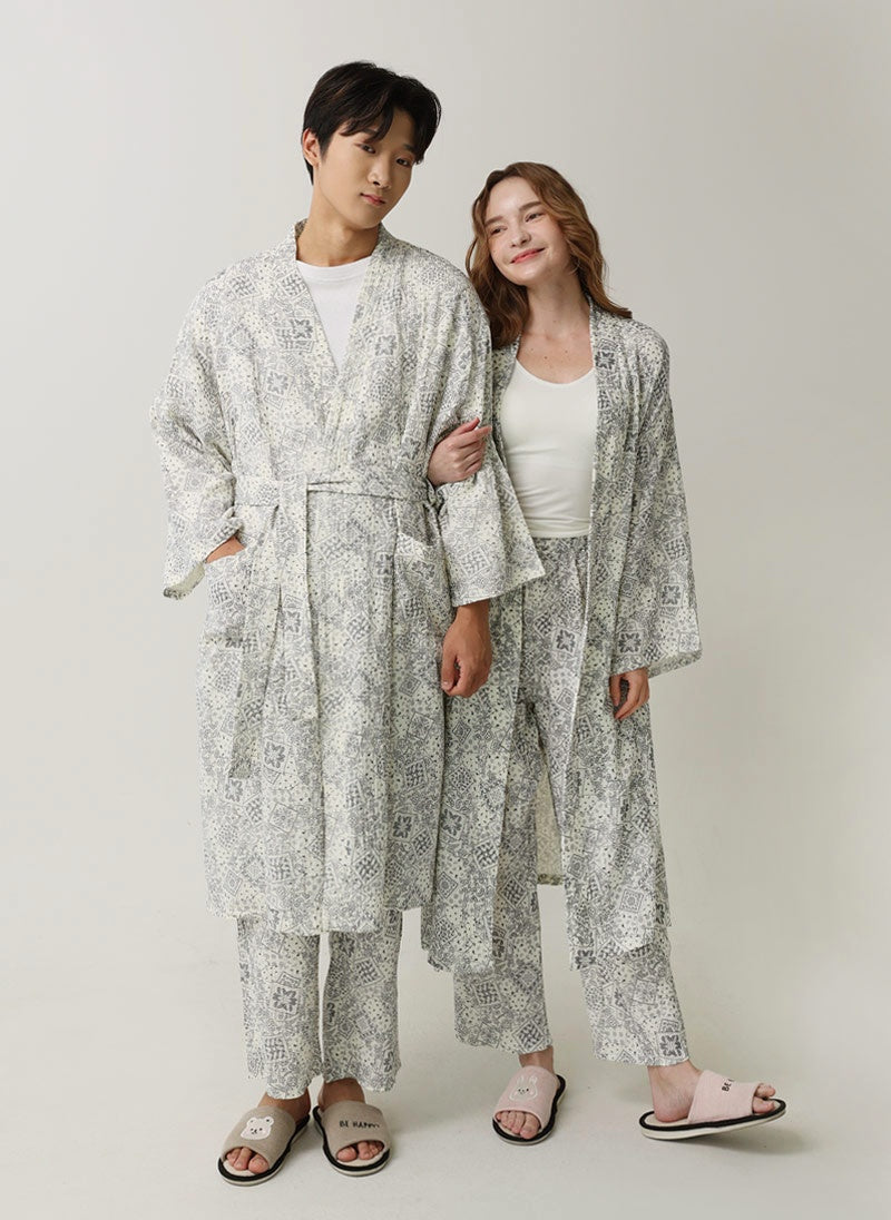 Serenity Bandana Gauze Robe & Pants Loungewear Set – Navy Bandana