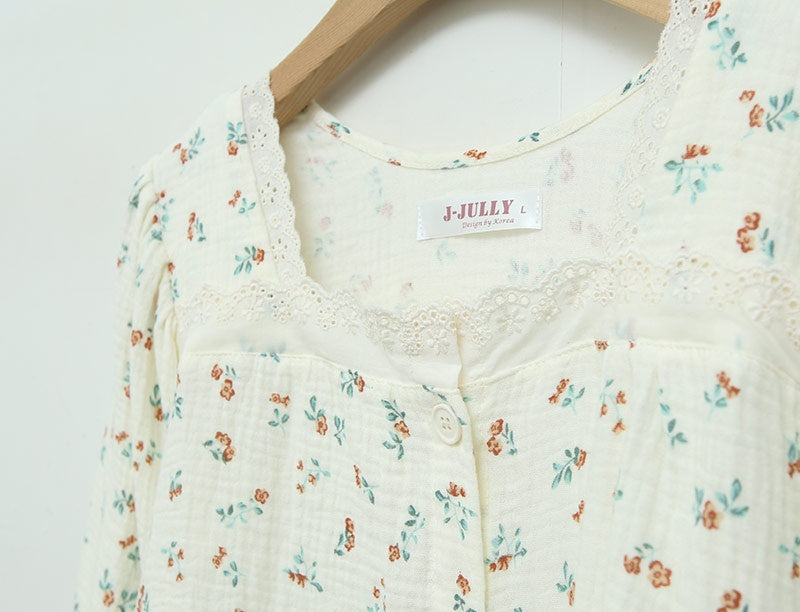 Floral Lace Gauze Loungewear Pajama Set – Women’s One Size