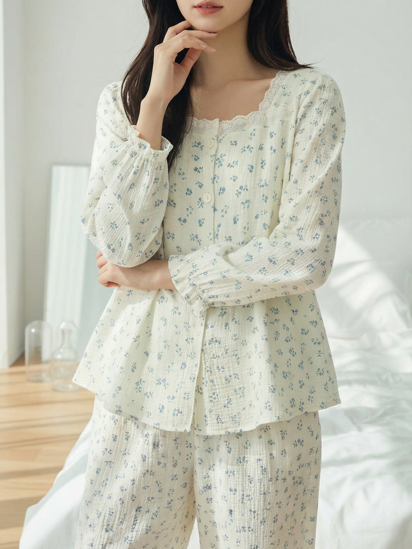 Floral Lace Gauze Loungewear Pajama Set – Women’s One Size