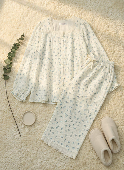 Floral Lace Gauze Loungewear Pajama Set – Women’s One Size