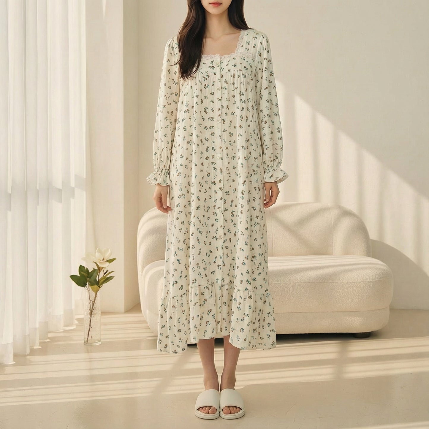 Serenity Floral Gauze Long Dress Loungewear – Cinnamon Floral