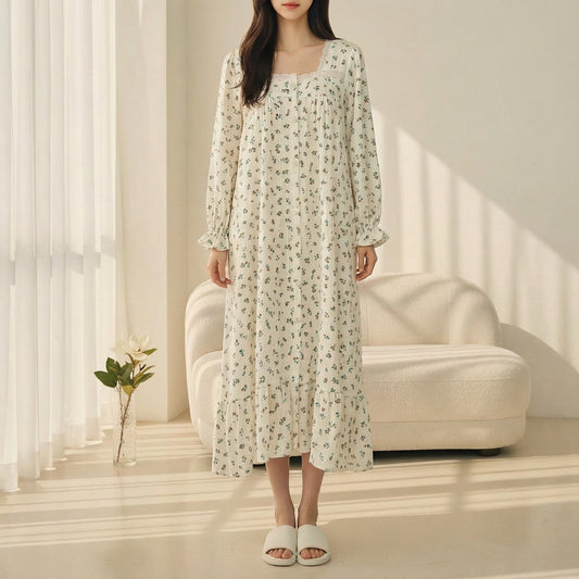 Serenity Floral Gauze Long Dress Loungewear – Cinnamon Floral