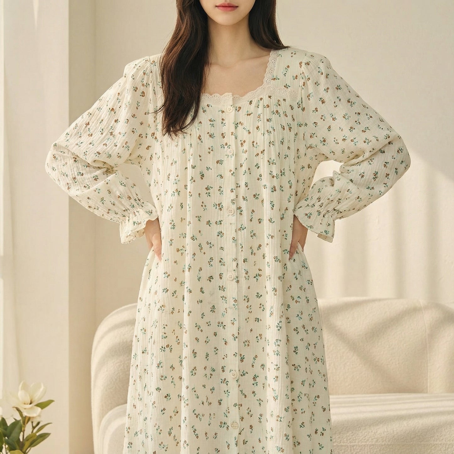 Serenity Floral Gauze Long Dress Loungewear – Cinnamon Floral