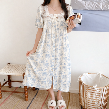 Blueberry Floral Gauze Cotton Nightdress – Lace Detail & Puff Sleeves