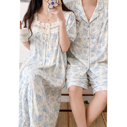 Blueberry Floral Gauze Cotton Nightdress – Lace Detail & Puff Sleeves