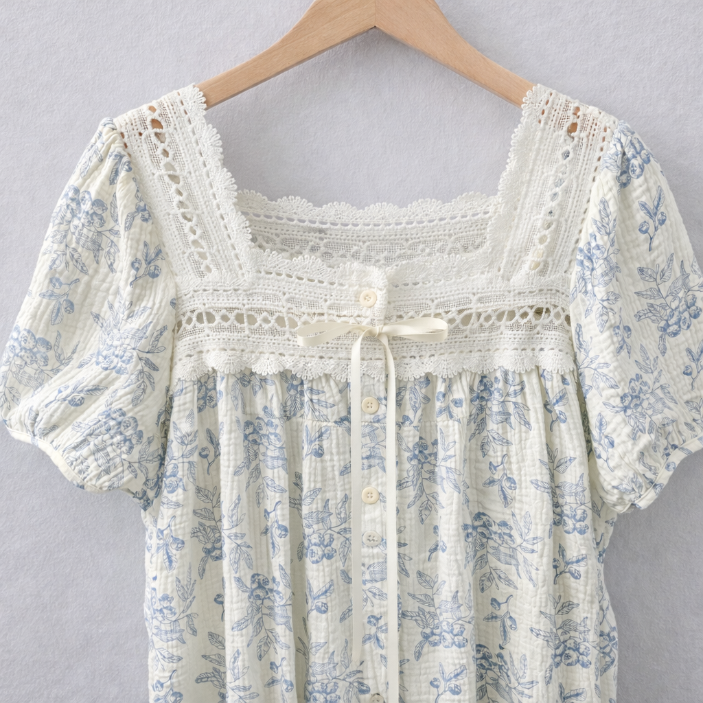 Blueberry Floral Gauze Cotton Nightdress – Lace Detail & Puff Sleeves