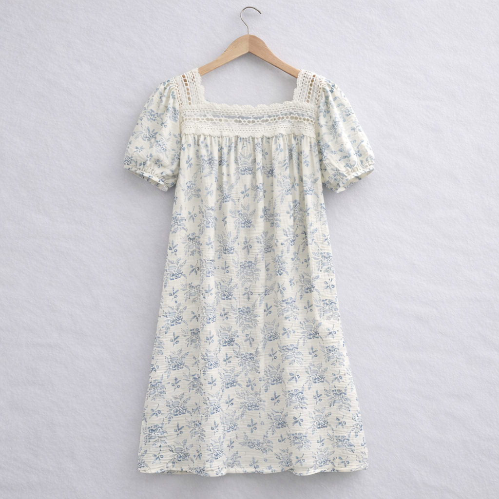 Blueberry Floral Gauze Cotton Nightdress – Lace Detail & Puff Sleeves
