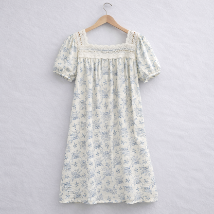Blueberry Floral Gauze Cotton Nightdress – Lace Detail & Puff Sleeves