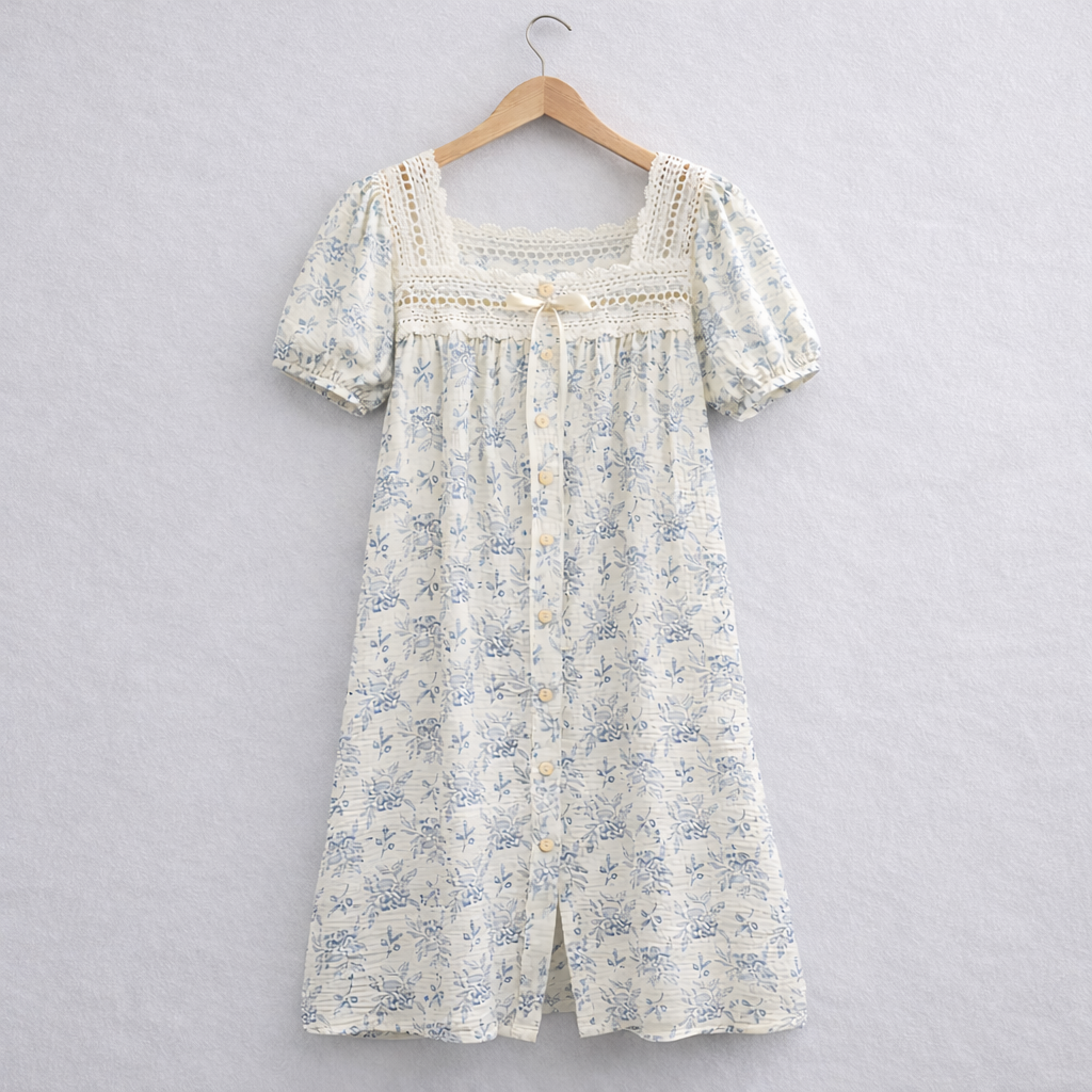 Blueberry Floral Gauze Cotton Nightdress – Lace Detail & Puff Sleeves