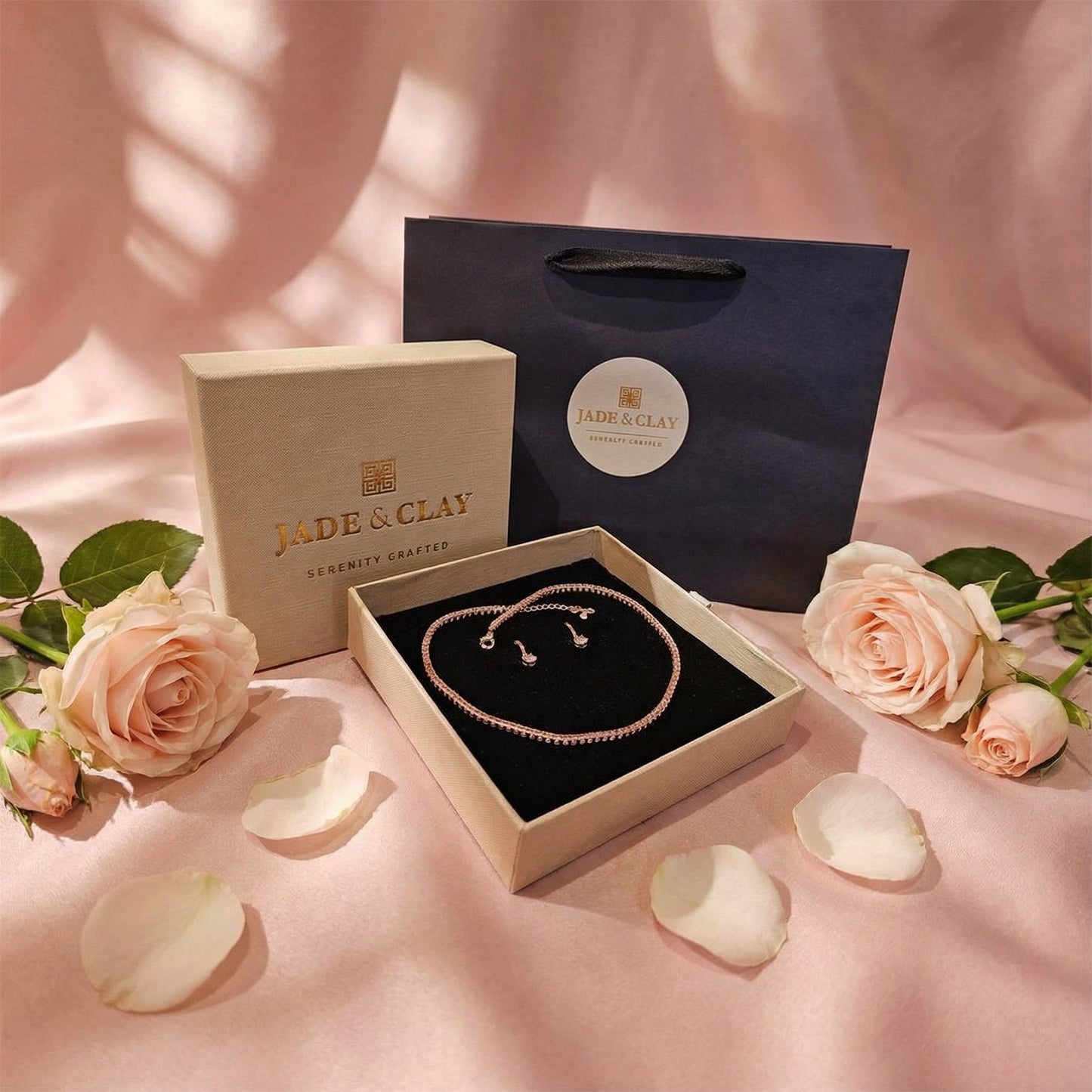 Belle Luxe Rose Tennis Necklace & Belle Éclat Drop Earrings – 18K Rose Gold Vermeil Jewelry Set