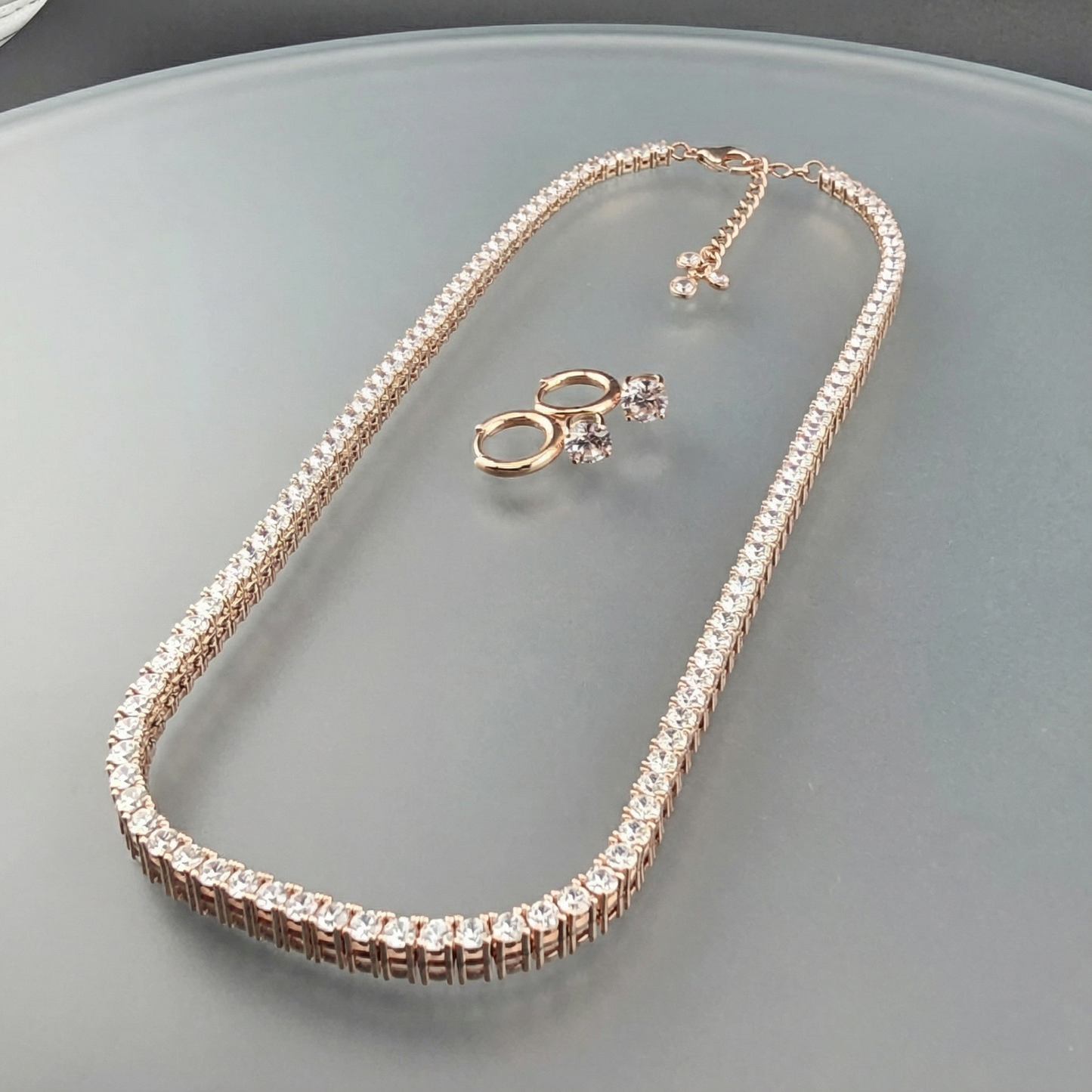 Belle Luxe Rose Tennis Necklace & Belle Éclat Drop Earrings – 18K Rose Gold Vermeil Jewelry Set