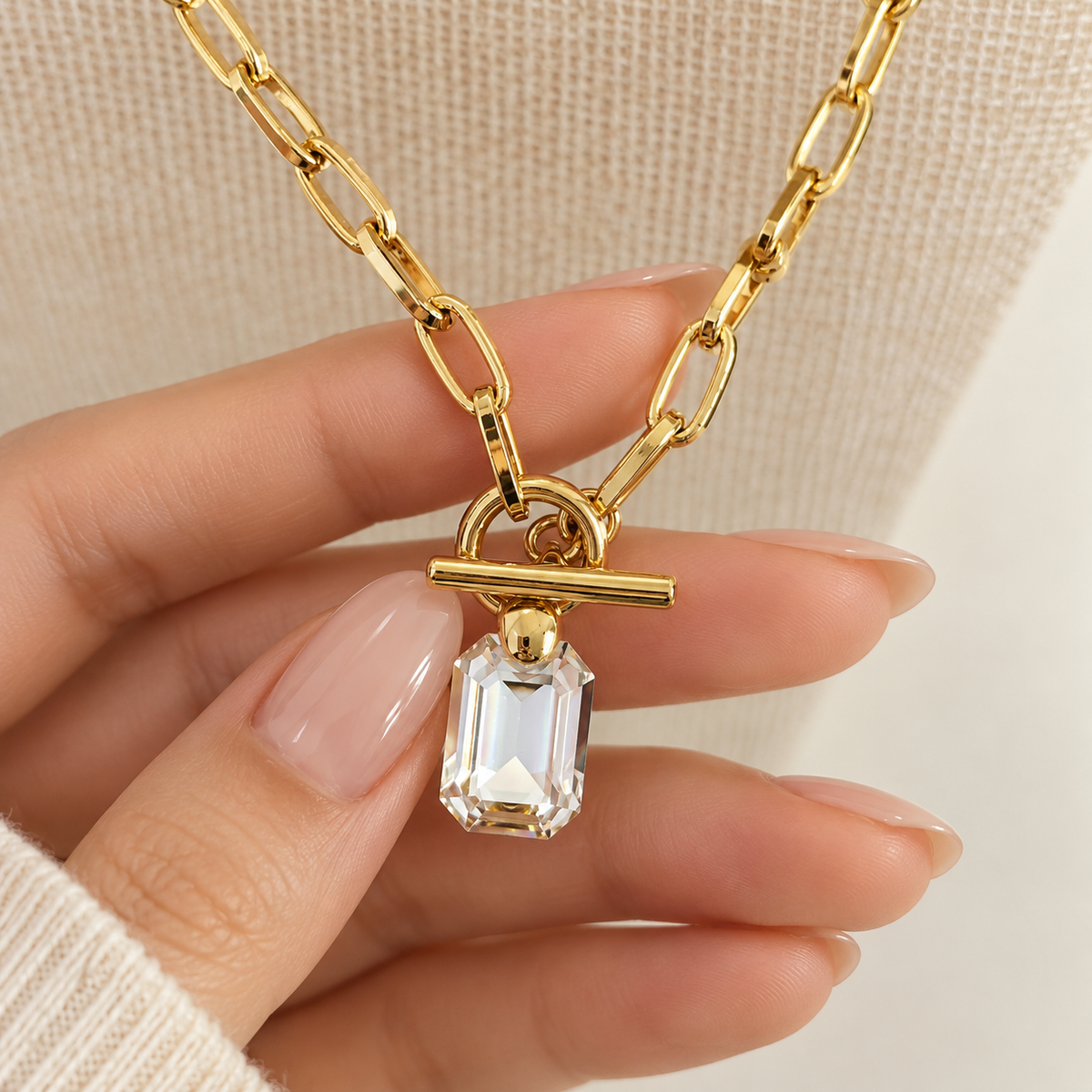 COCO3 Emerald Cut Swarovski Crystal Toggle Necklace