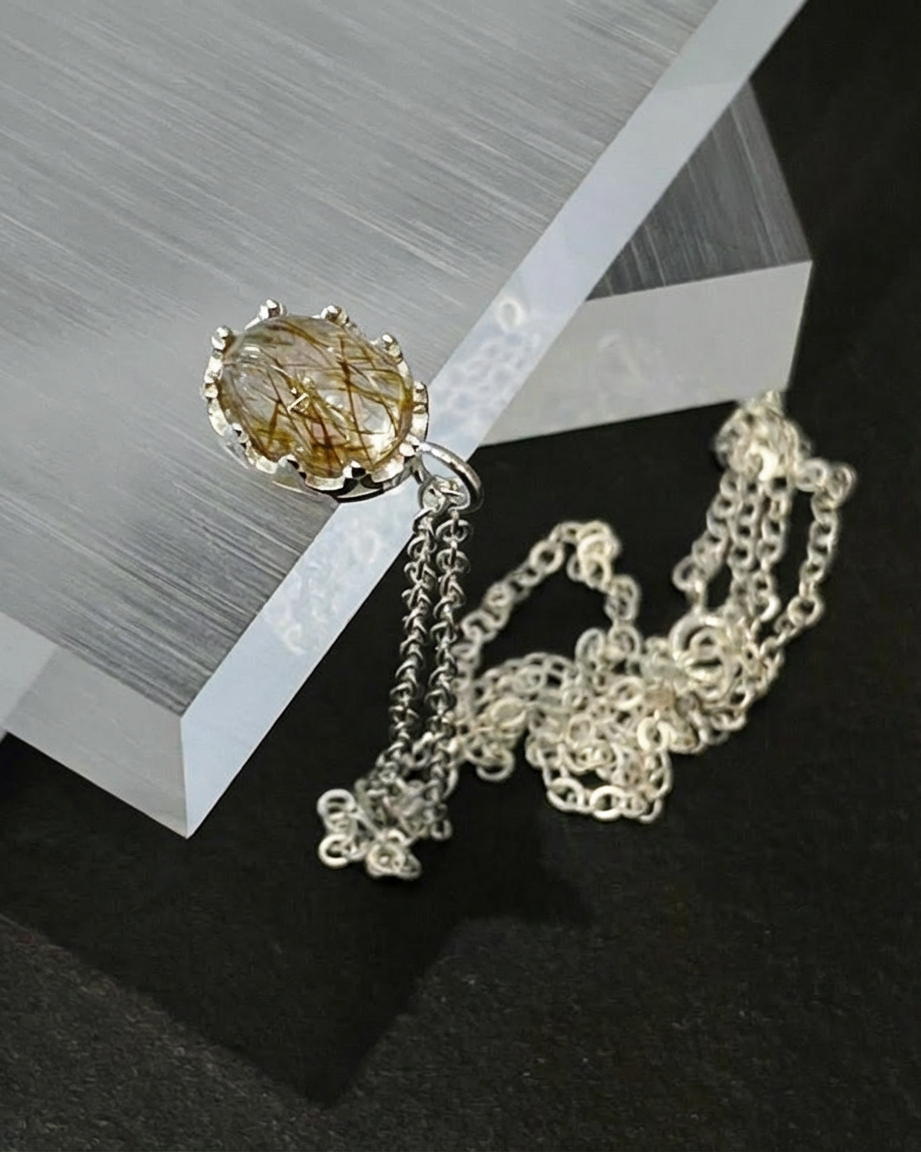 Rutile Quartz Glass Orb Necklace in Sterling Silver