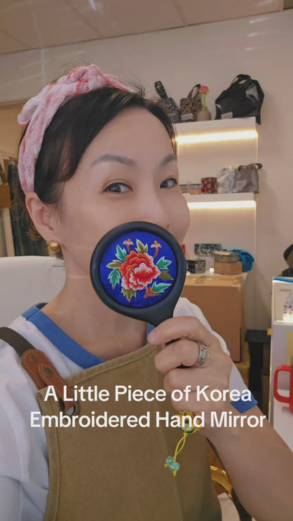 Korean Floral Embroidered Hand Mirror with Pouch