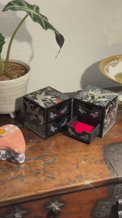 JAGAE (Korean Mother of Pearl) Jewelry Box – Classic Black Crane & Butterfly Design