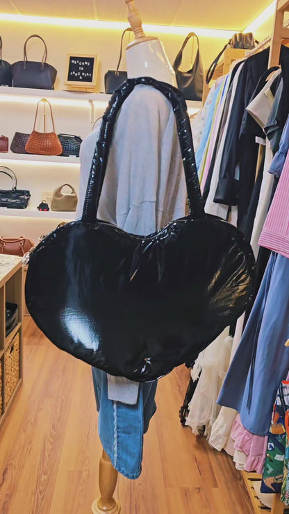 HEART PUFFER SHOULDER BAG - Black, Silver