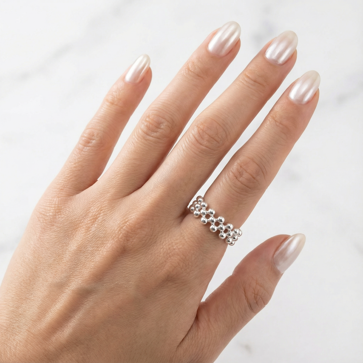 Serenity Stacked Silver Sphere Ring – Elastic One Size