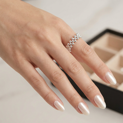 Serenity Stacked Silver Sphere Ring – Elastic One Size