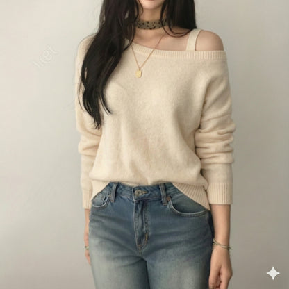 Single-Strap Off-Shoulder Knit Top – Women One Size