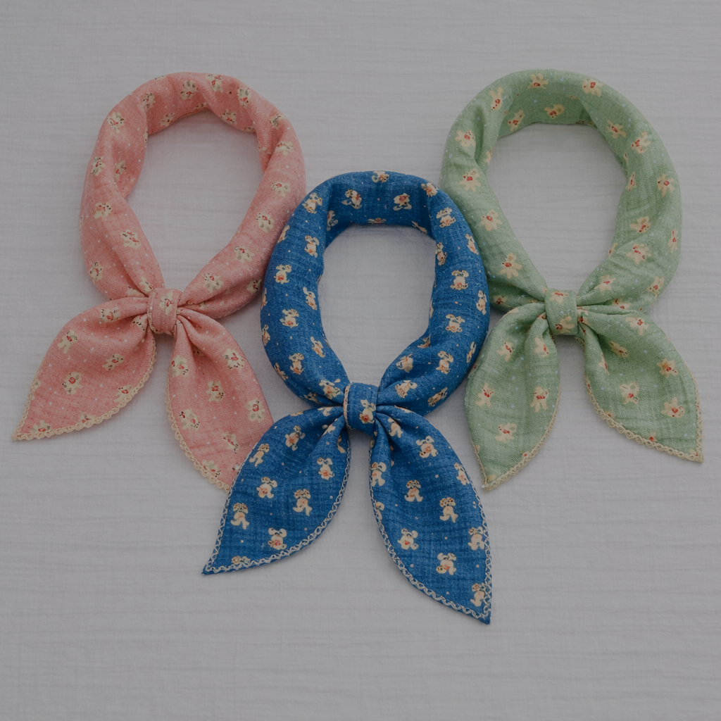 Mini Teddy Print Lace Cotton Handkerchief – Soft Square Petit Scarf
